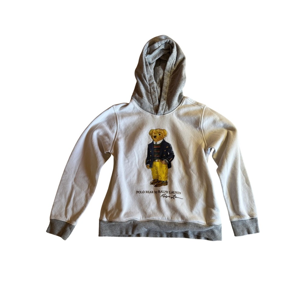 Polo Ralph Lauren Kids Polo Bear Hoodie White Grey Fleeceโ Sweatshirt M 10-12